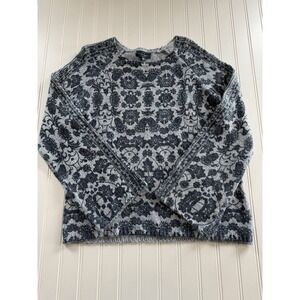 Lucky Brand Womens M Blue Damask Sweater Bell Sleeve Relaxed Cotton Blend